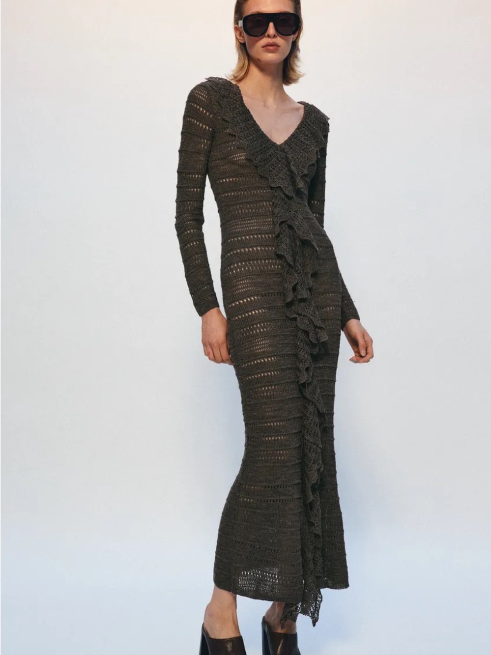 Zara POINTELLE KNIT RUFFLED DRESS new with tags